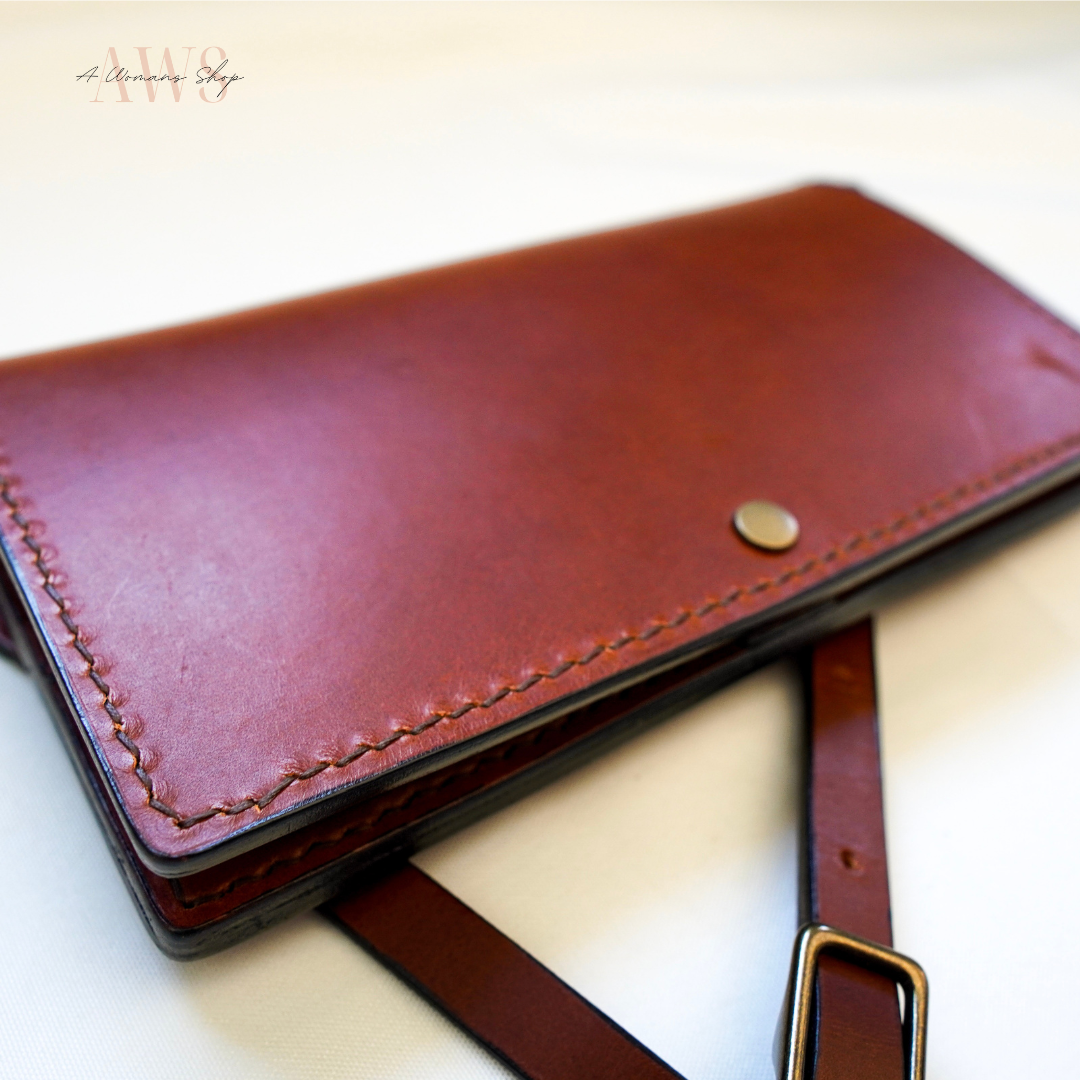 womens leather wallet with strap angle view